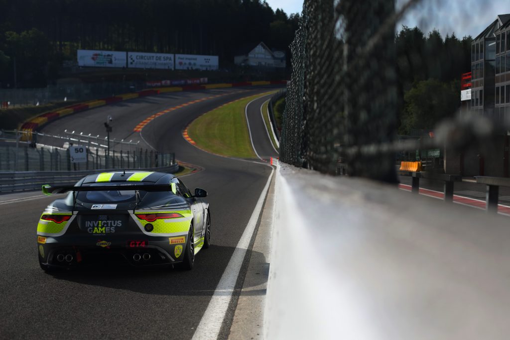 The Invictus Racing Jaguar F-Type at Eau Rouge during the British GT race at Spa in 2019