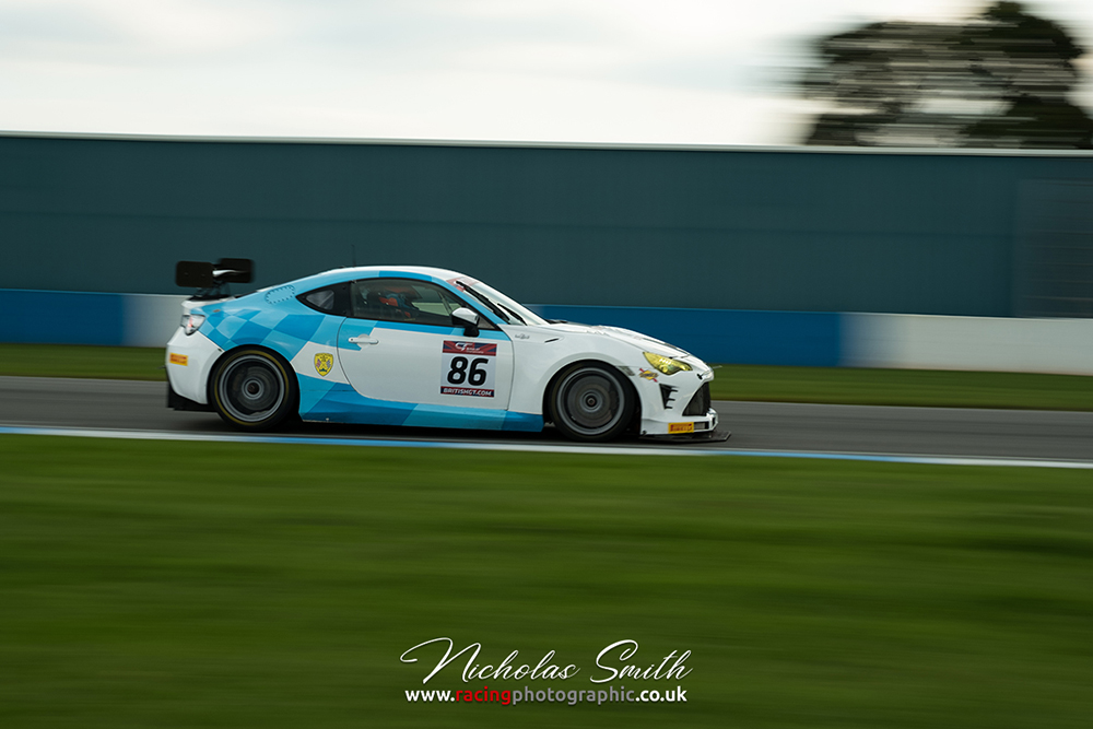 The GPRM Toyota GT86 on the Exhibition Straight at Donington Park during the British GT Championship finale in 2017.