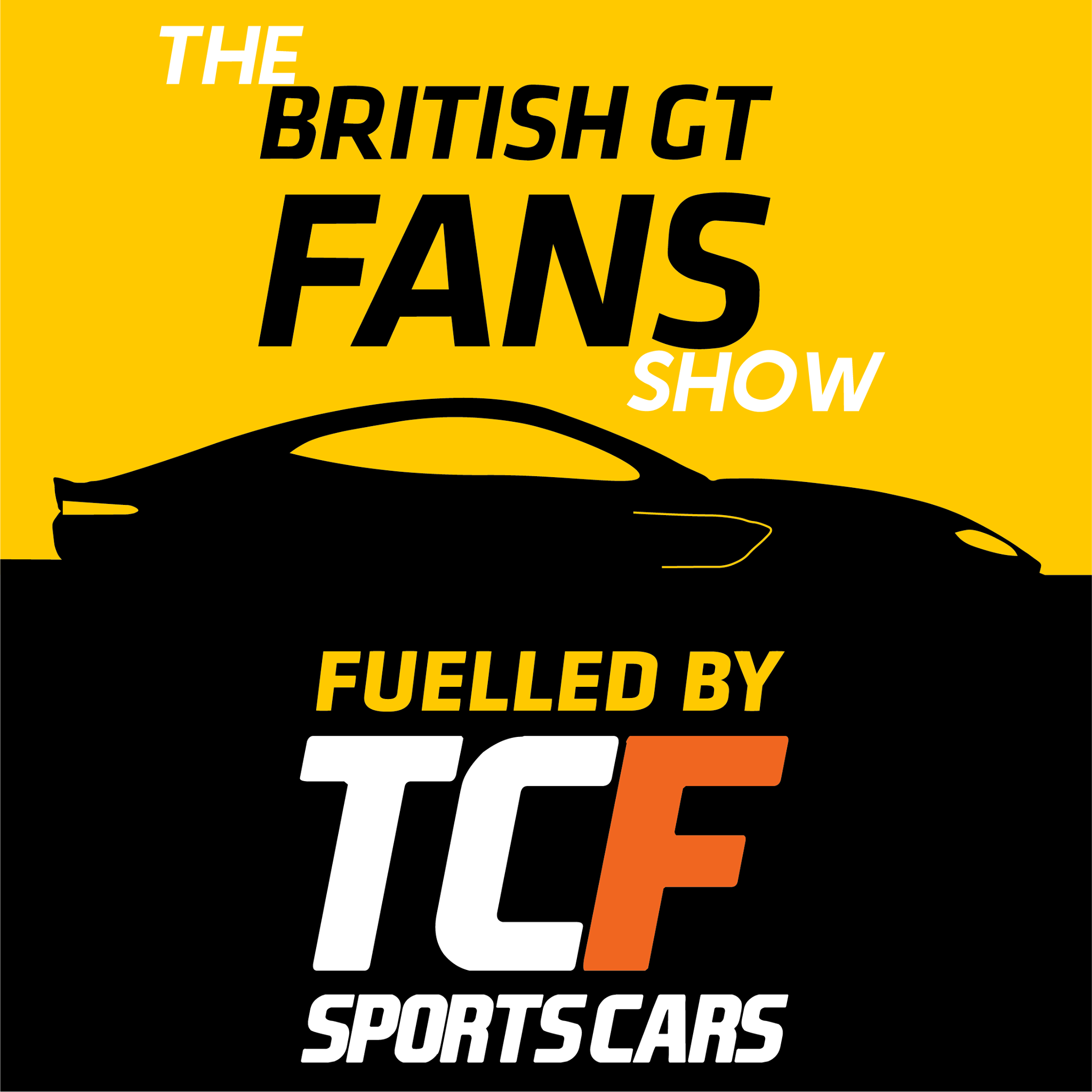 A silhouetted Aston Martin on a yellow upper background with text confirming the new British GT Fans Show Logo featuring our partners TCF Sportscars